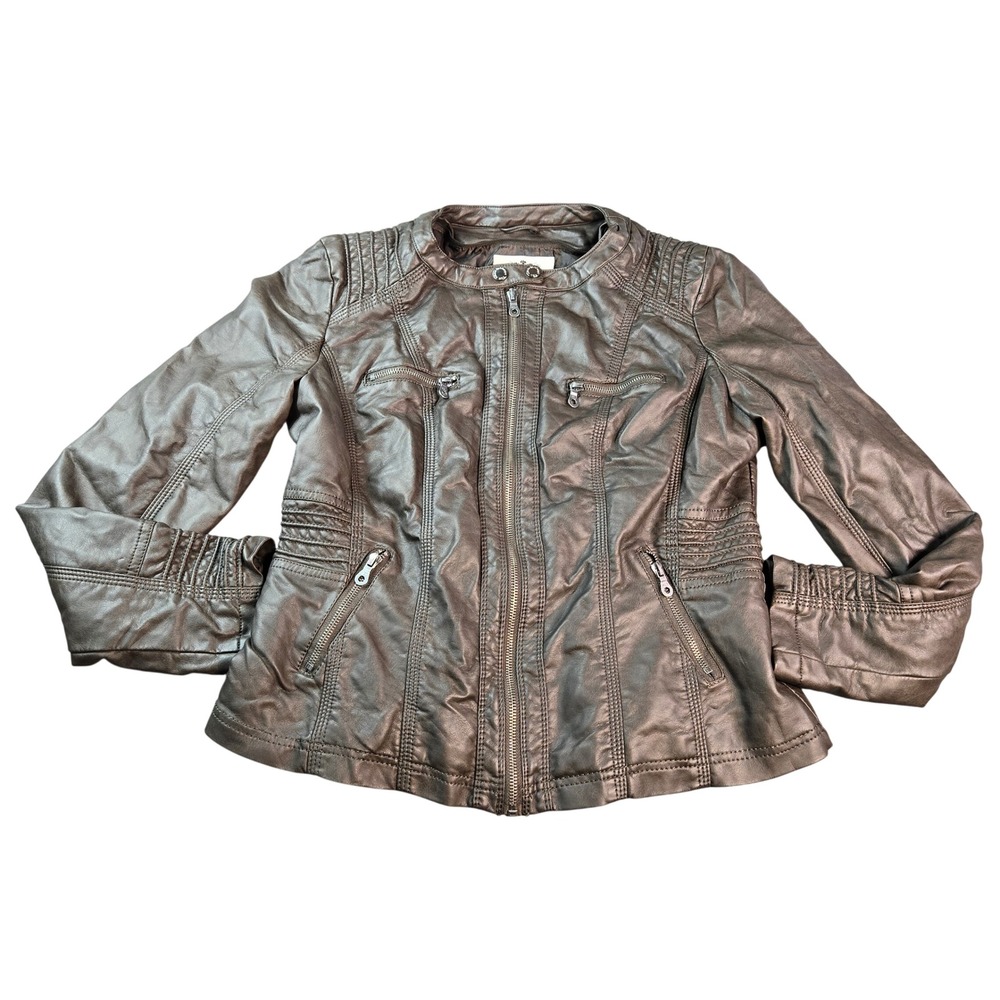 Made by Johnny Los Angeles Women Brown Faux Leather Moto Jacket XL Quilted ZipUp